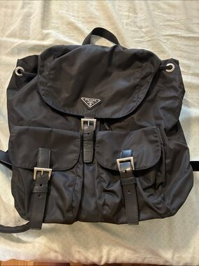 Prada Black Nylon Backpack with Buckle Front Pockets